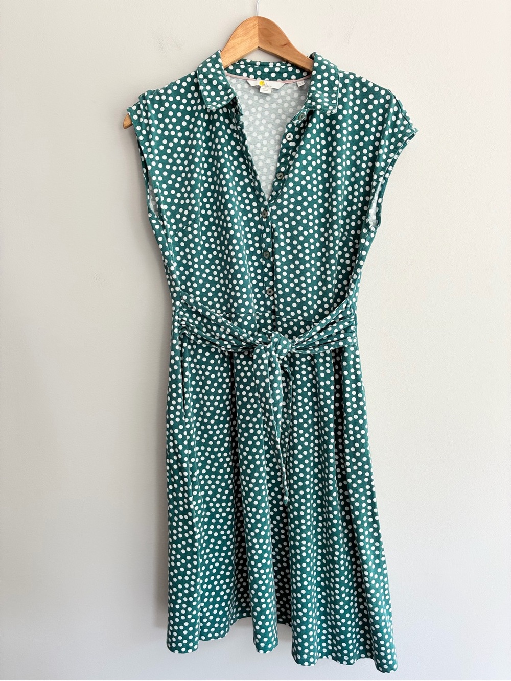 Boden Green Polka Dot Tie Waist Jersey Knit Mini Dress Size 10